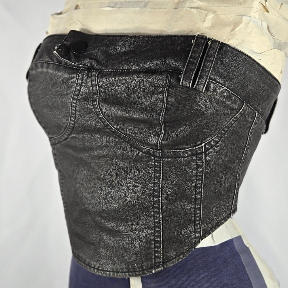Forever 21 Faux Leather Corset Top Zip Front Waist Belted‎ Black S Y2K Baddie